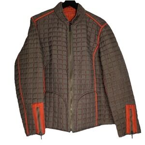 Oleg Cassini Women's Reversible 100%‎ Silk Jacket Sz L Dark Green Orange Quilted